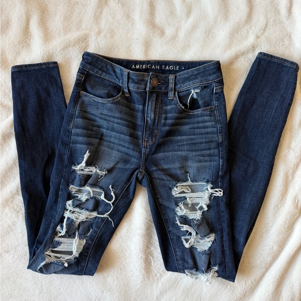 American Eagle Outfitters Women's Ripped Dark Blue Skinny Jeans